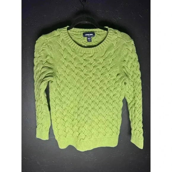 Womens Green LANDS' END Size Medium Petite Cable Knit Crew Neck Pullover - Picture 1 of 4